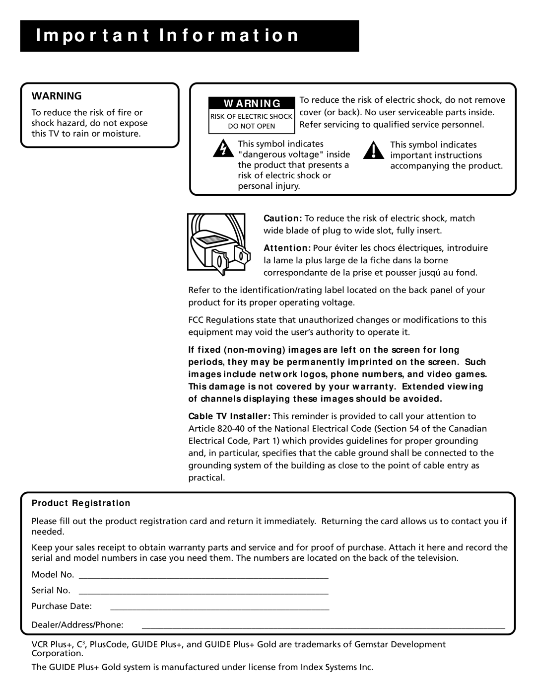 RCA G27669 manual Important Information, Product Registration 