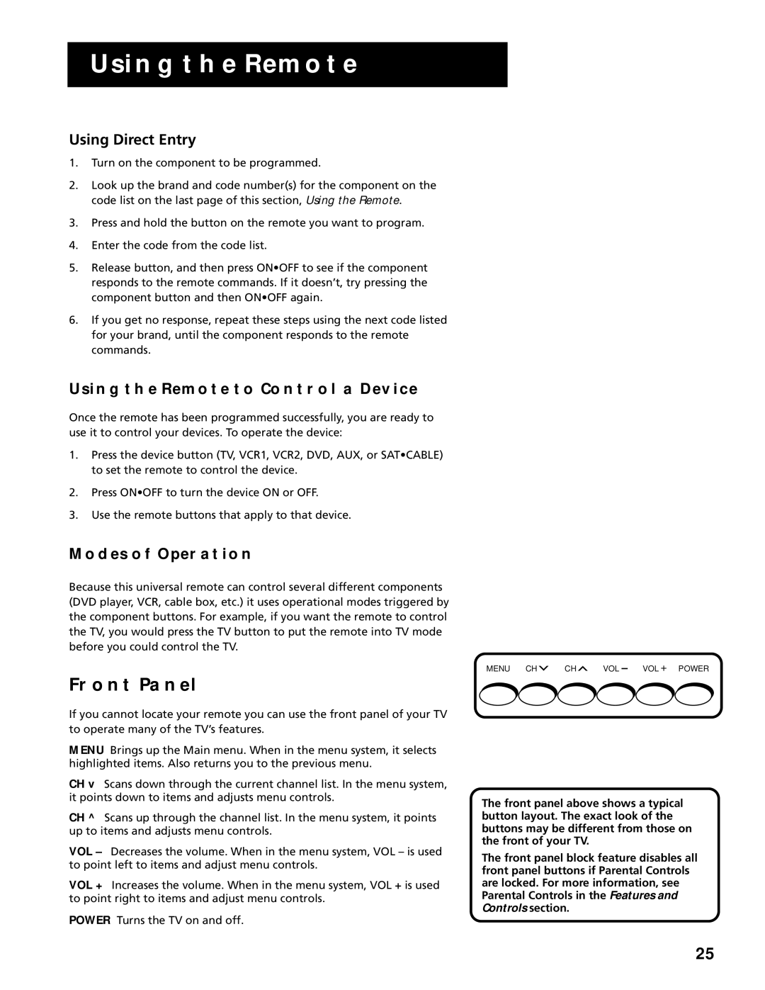 RCA G27669 manual Front Panel, Using Direct Entry, Using the Remote to Control a Device, Modes of Operation 