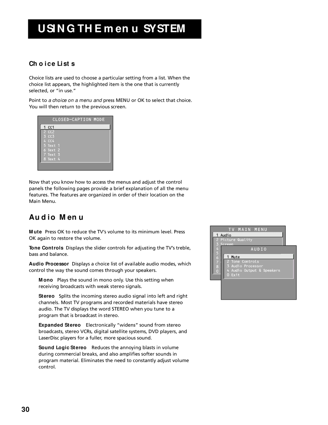 RCA G27669 manual Audio Menu, Choice Lists 