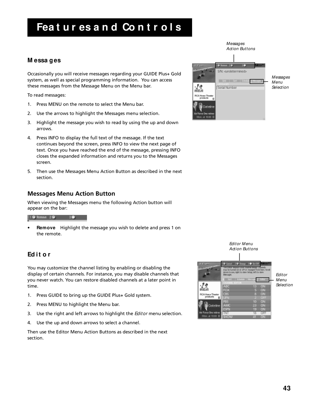 RCA G27669 manual Messages Menu Action Button, Editor 