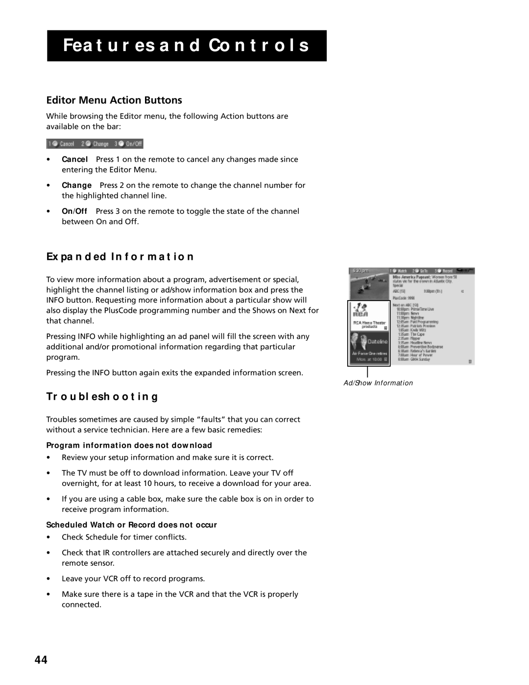 RCA G27669 manual Editor Menu Action Buttons, Expanded Information, Troubleshooting, Program information does not download 