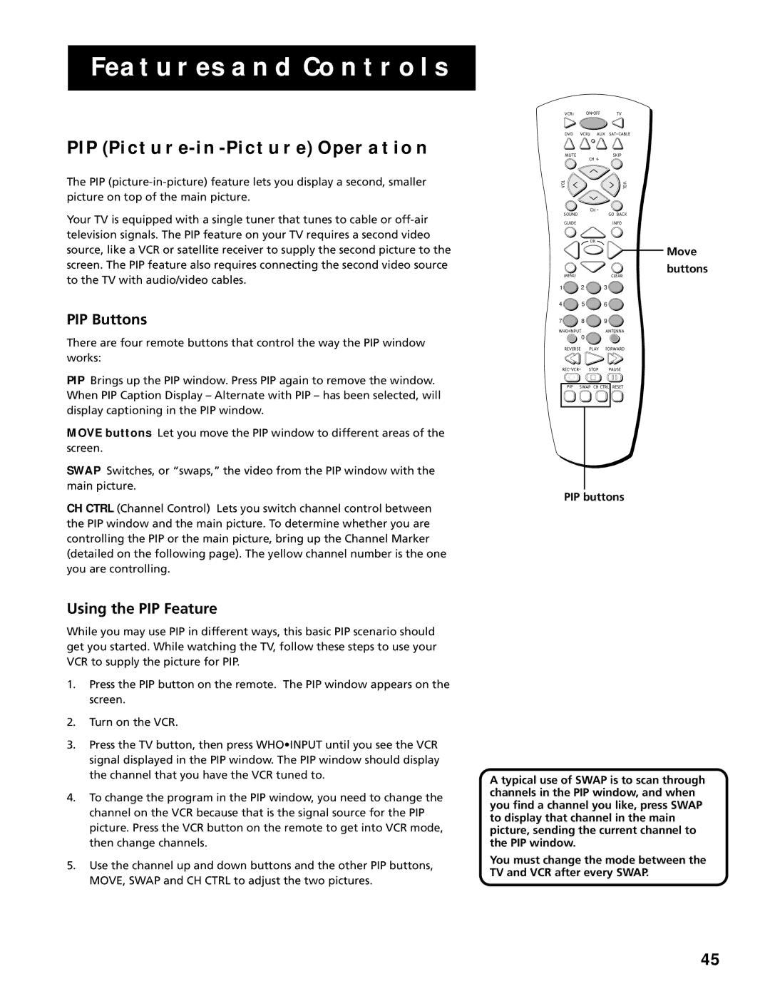 RCA G27669 manual PIP PICTURE-IN-PICTURE Operation, PIP Buttons, Using the PIP Feature, Move Buttons, PIP buttons 