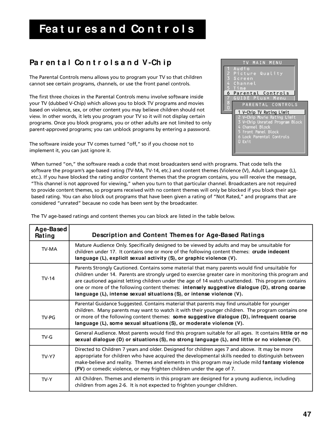 RCA G27669 manual Parental Controls and V-CHIP, Language L, explicit sexual activity S, or graphic violence 