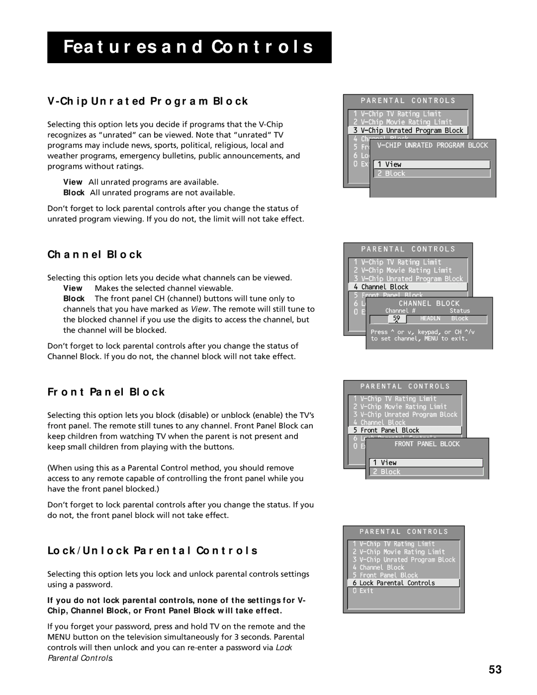 RCA G27669 manual Chip Unrated Program Block, Channel Block, Front Panel Block, LOCK/UNLOCK Parental Controls 