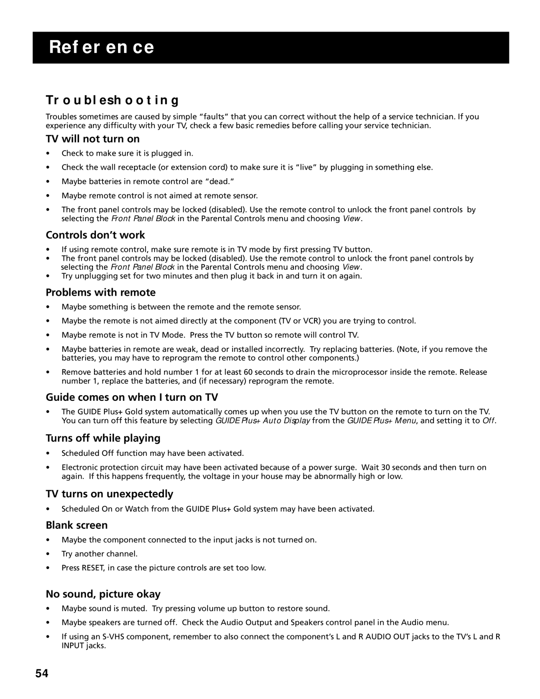 RCA G27669 manual Reference, Troubleshooting 