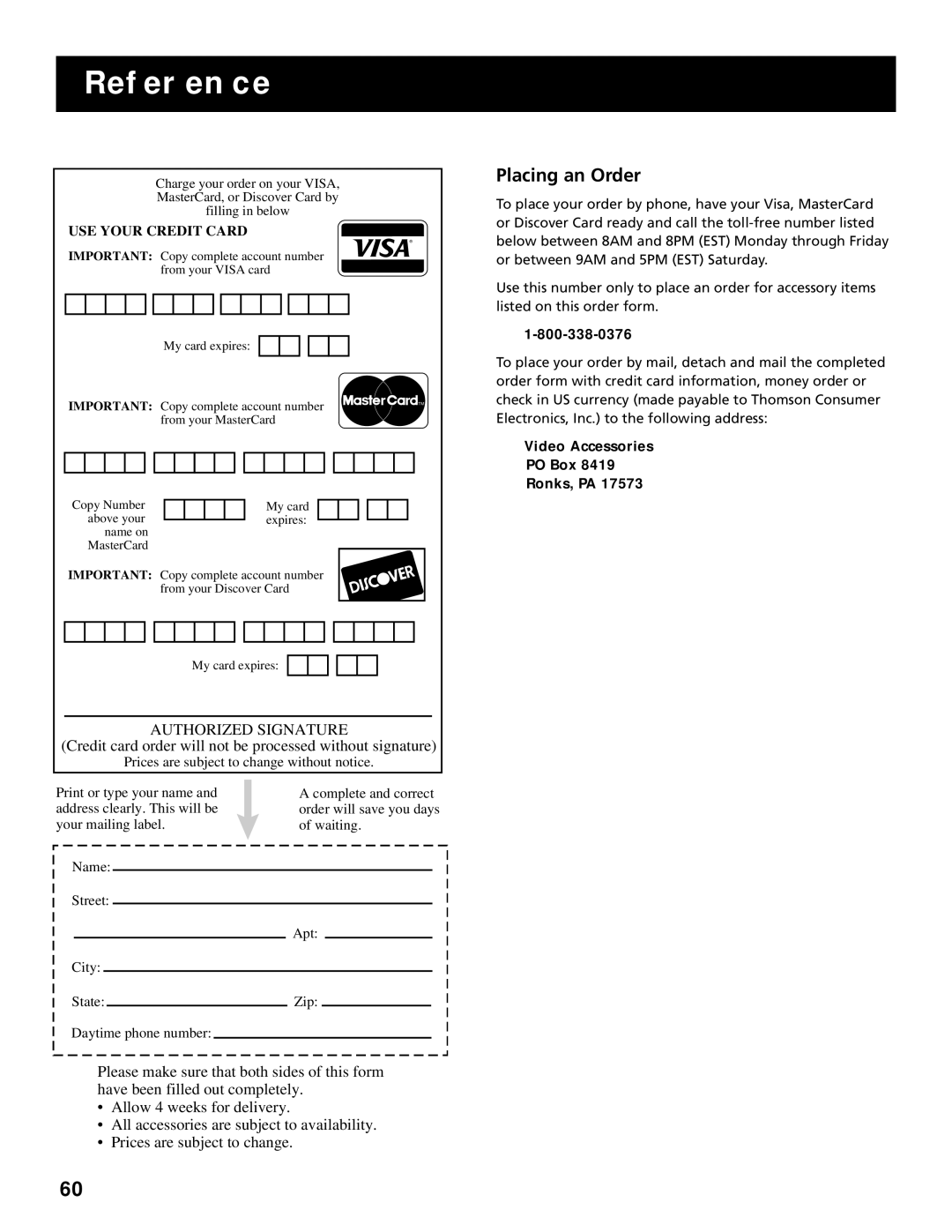 RCA G27669 manual Placing an Order, Video Accessories PO Box Ronks, PA 