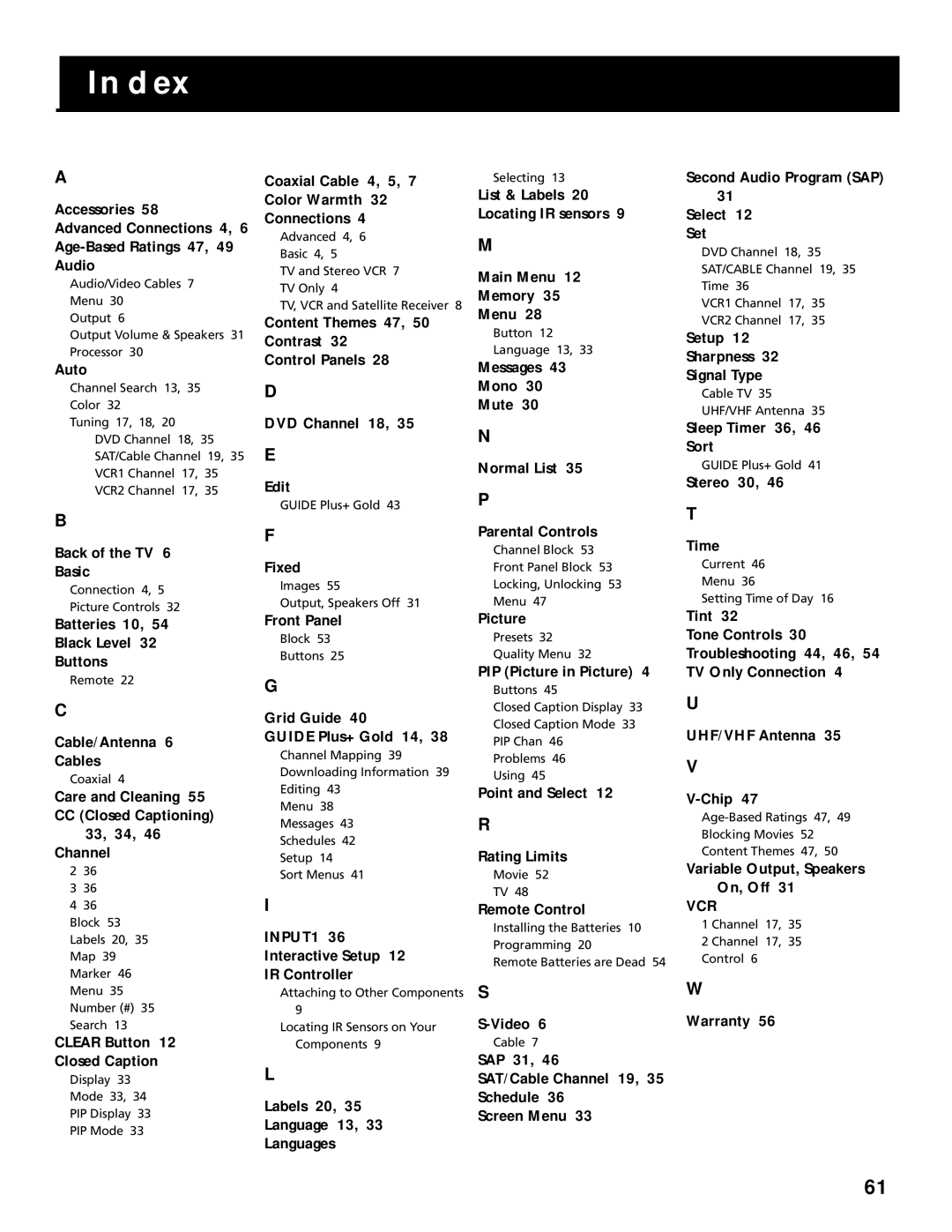 RCA G27669 manual Index, CC Closed Captioning 33, 34, List & Labels 20 Locating IR sensors 