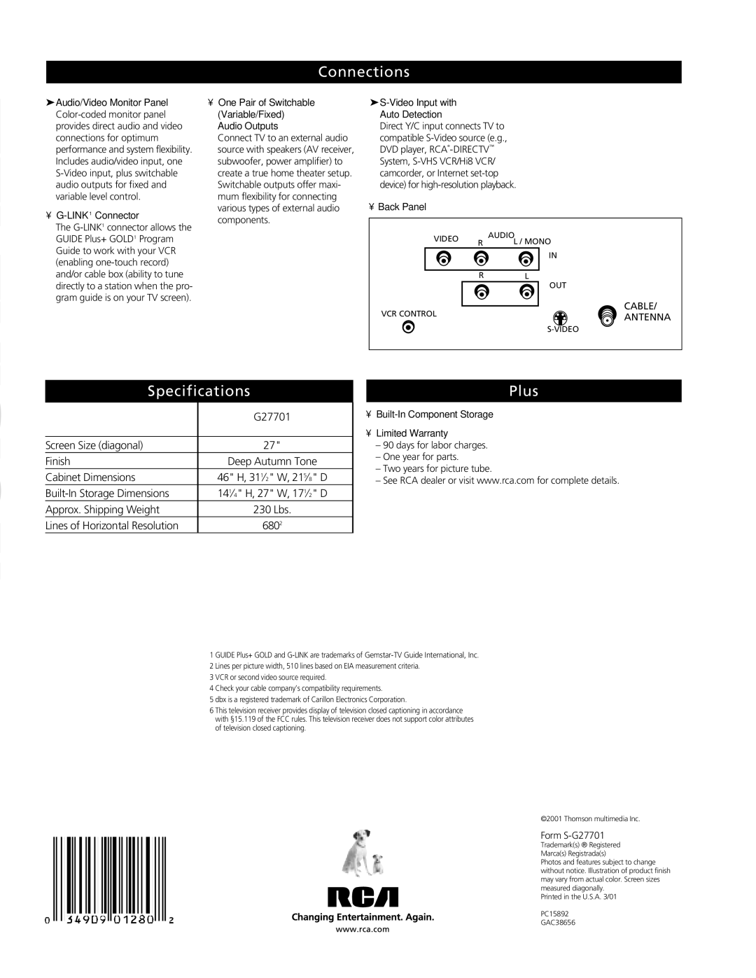 RCA G27701 manual Connections, Specifications Plus 