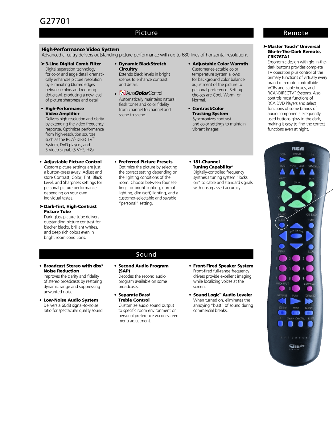 RCA G27701 manual Picture, Remote, Sound, High-Performance Video System 