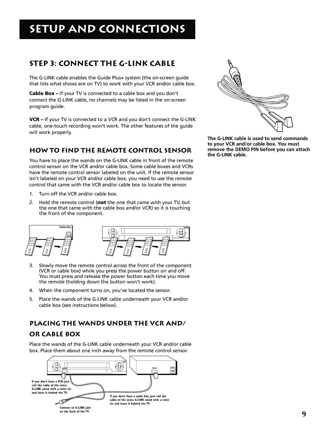 RCA G32705 Connect the G-LINK Cable, HOW to Find the Remote Control Sensor, Placing the Wands Under the VCR Or Cable BOX 