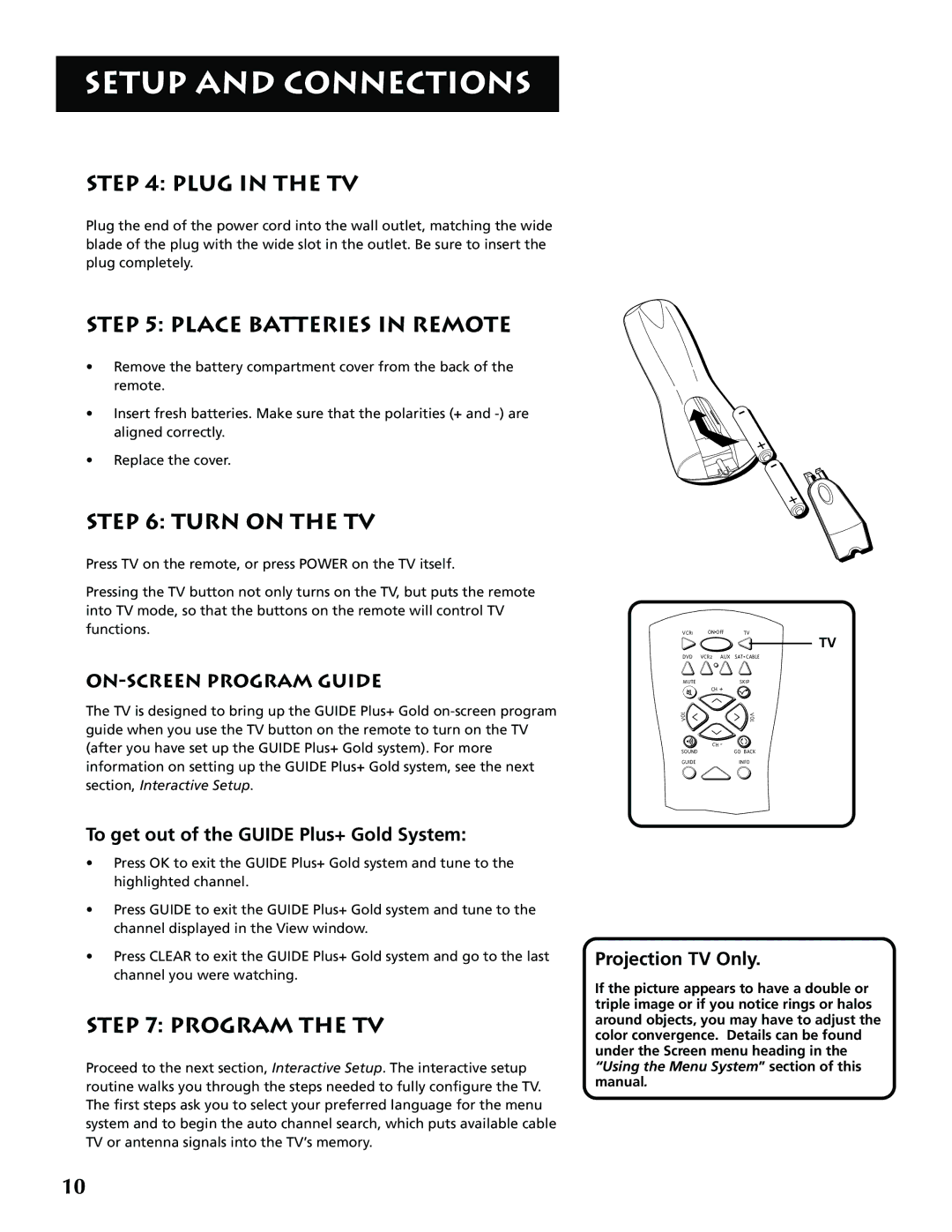 RCA G32705 manual Plug in the TV, Place Batteries in Remote, Turn on the TV, Program the TV, ON-SCREEN Program Guide 