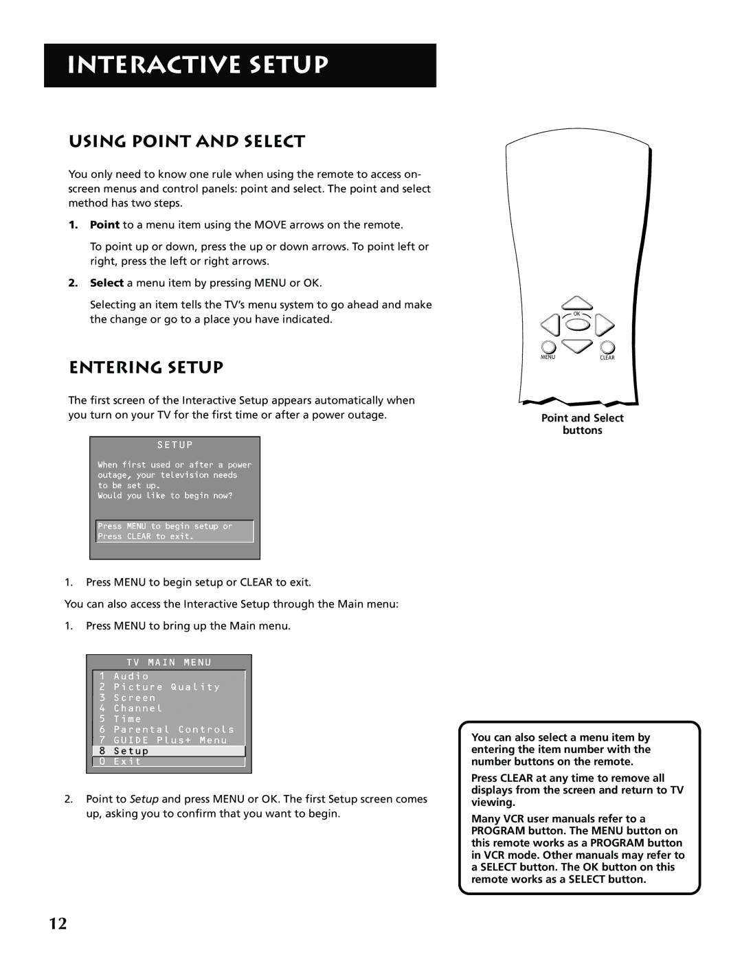 RCA G32705 manual Using Point and Select, Entering Setup 