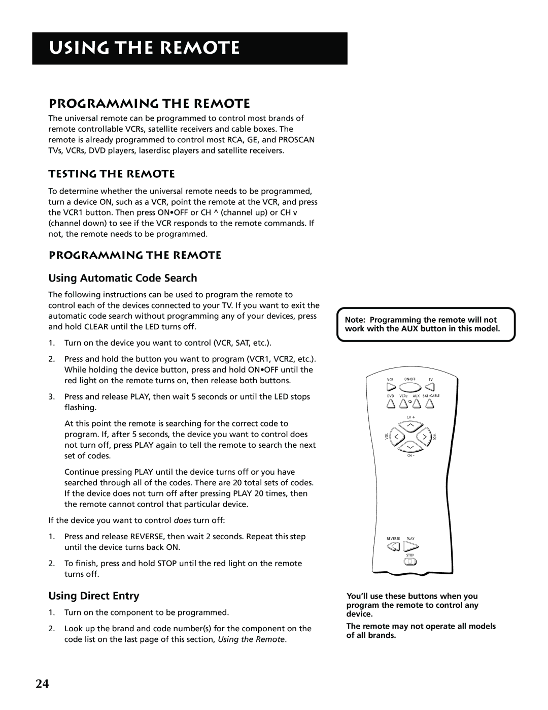 RCA G32705 manual Testing the Remote, Programming the Remote, Using Automatic Code Search, Using Direct Entry 