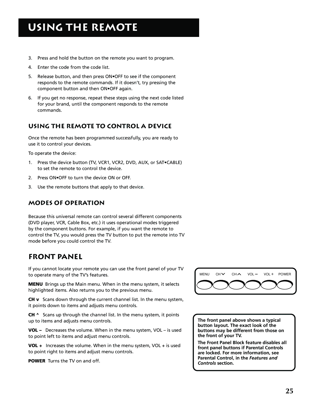 RCA G32705 manual Front Panel, Using the Remote to Control a Device, Modes of Operation 