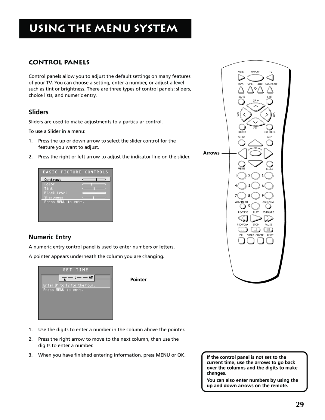 RCA G32705 manual Control Panels, Sliders, Numeric Entry, Pointer, Arrows 