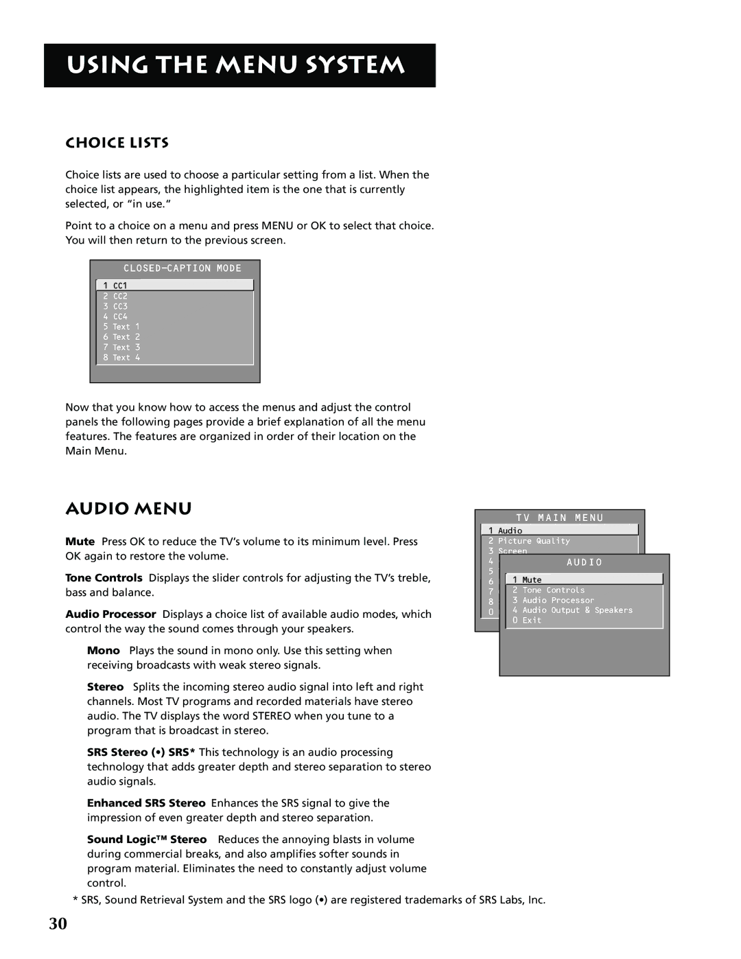 RCA G32705 manual Audio Menu, Choice Lists 