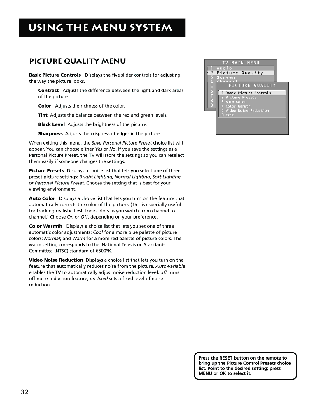 RCA G32705 manual Picture Quality Menu 