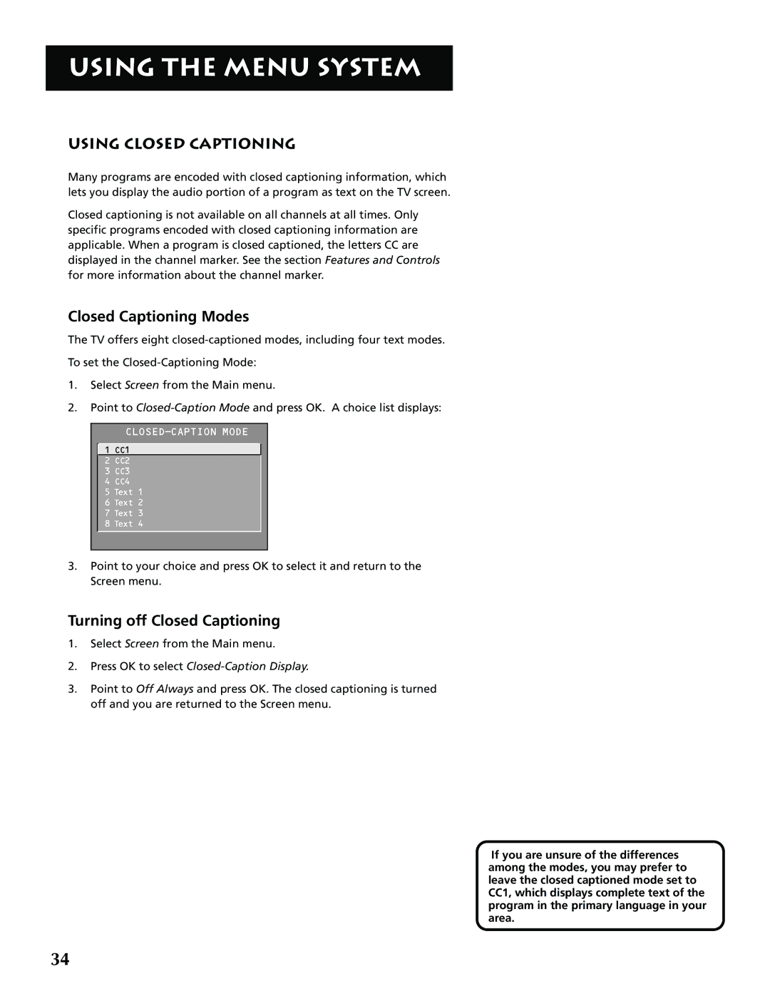 RCA G32705 manual Using Closed Captioning, Closed Captioning Modes, Turning off Closed Captioning 