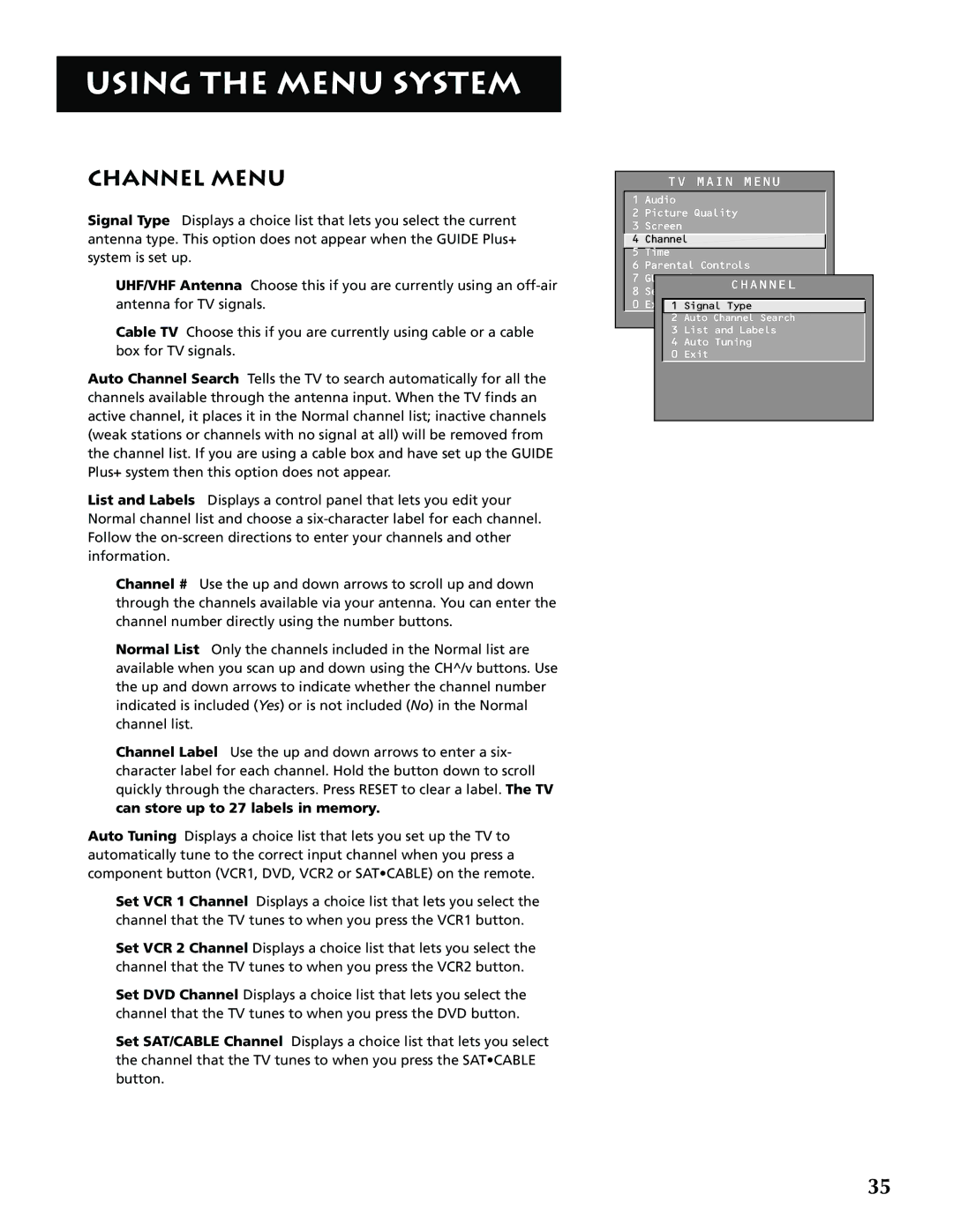 RCA G32705 manual Channel Menu, Can store up to 27 labels in memory 