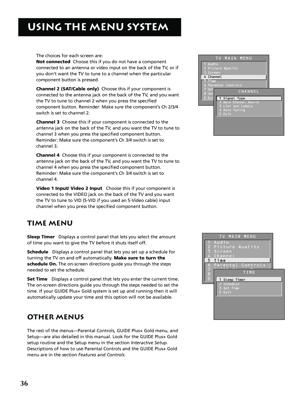 RCA G32705 manual Time Menu, Other Menus 