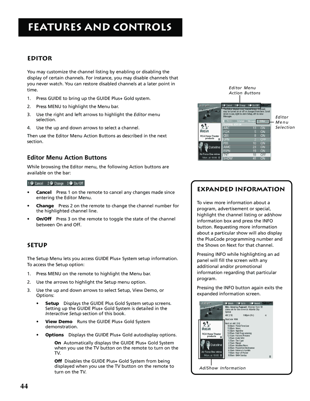 RCA G32705 manual Editor Menu Action Buttons, Setup, Expanded Information 