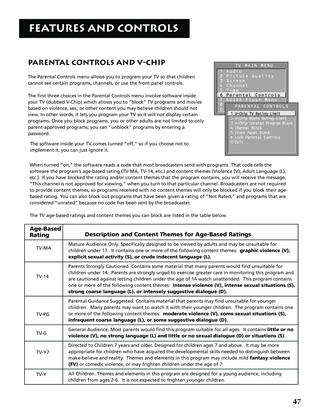 RCA G32705 manual Parental Controls and V-CHIP, Explicit sexual activity S, or crude indecent language L 