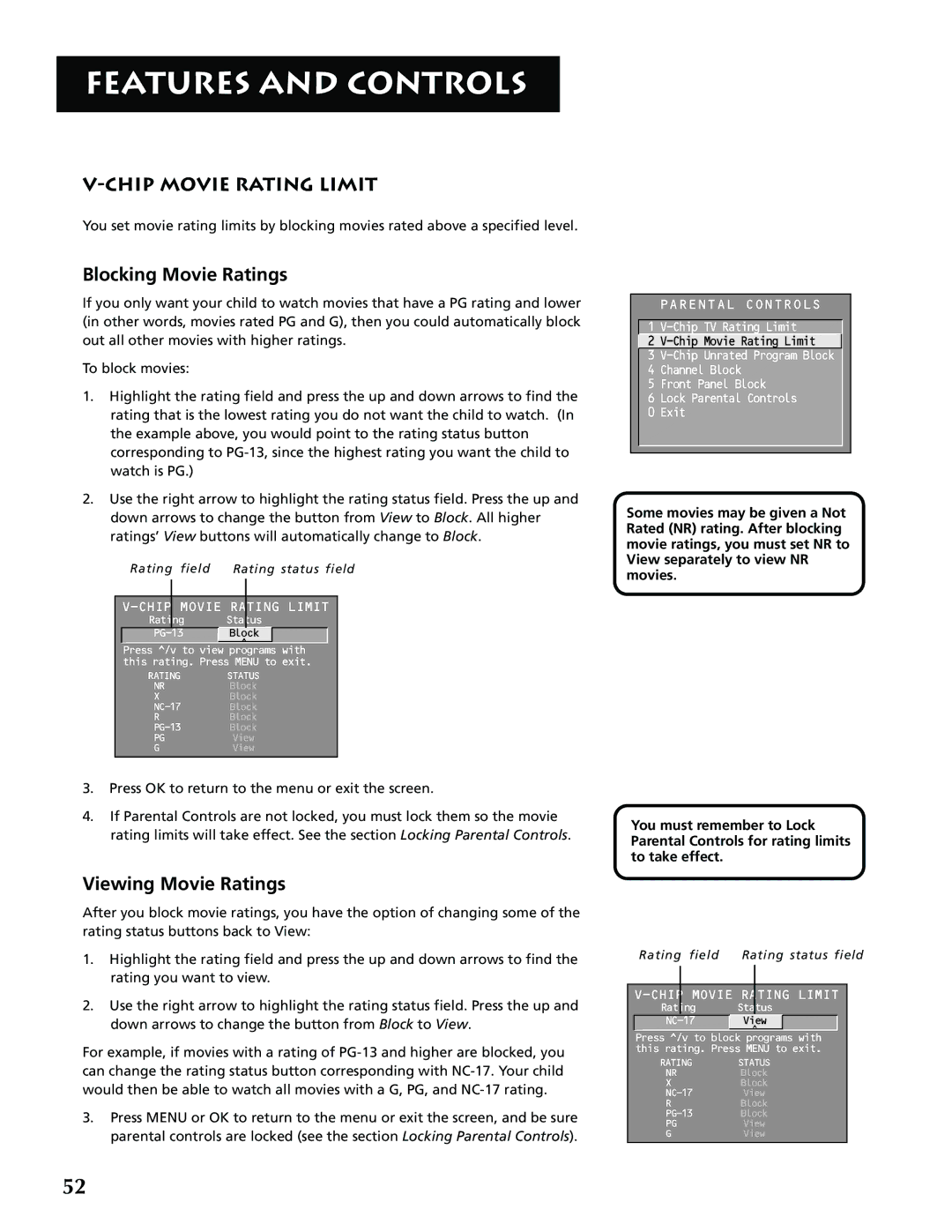 RCA G32705 manual Chip Movie Rating Limit, Blocking Movie Ratings, Viewing Movie Ratings 