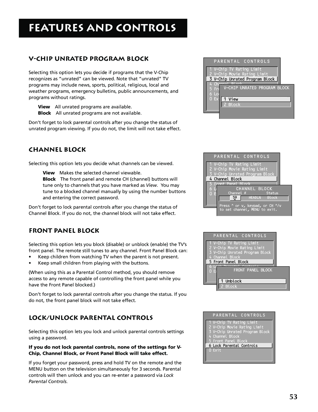 RCA G32705 manual Chip Unrated Program Block, Channel Block, Front Panel Block, LOCK/UNLOCK Parental Controls 