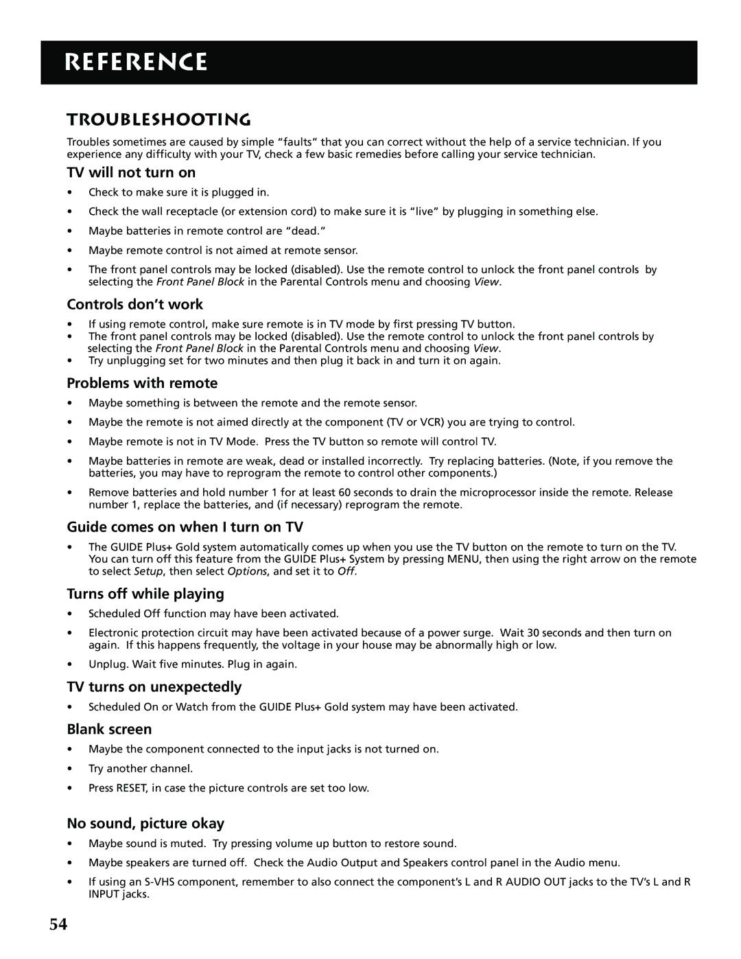 RCA G32705 manual Reference, Troubleshooting 