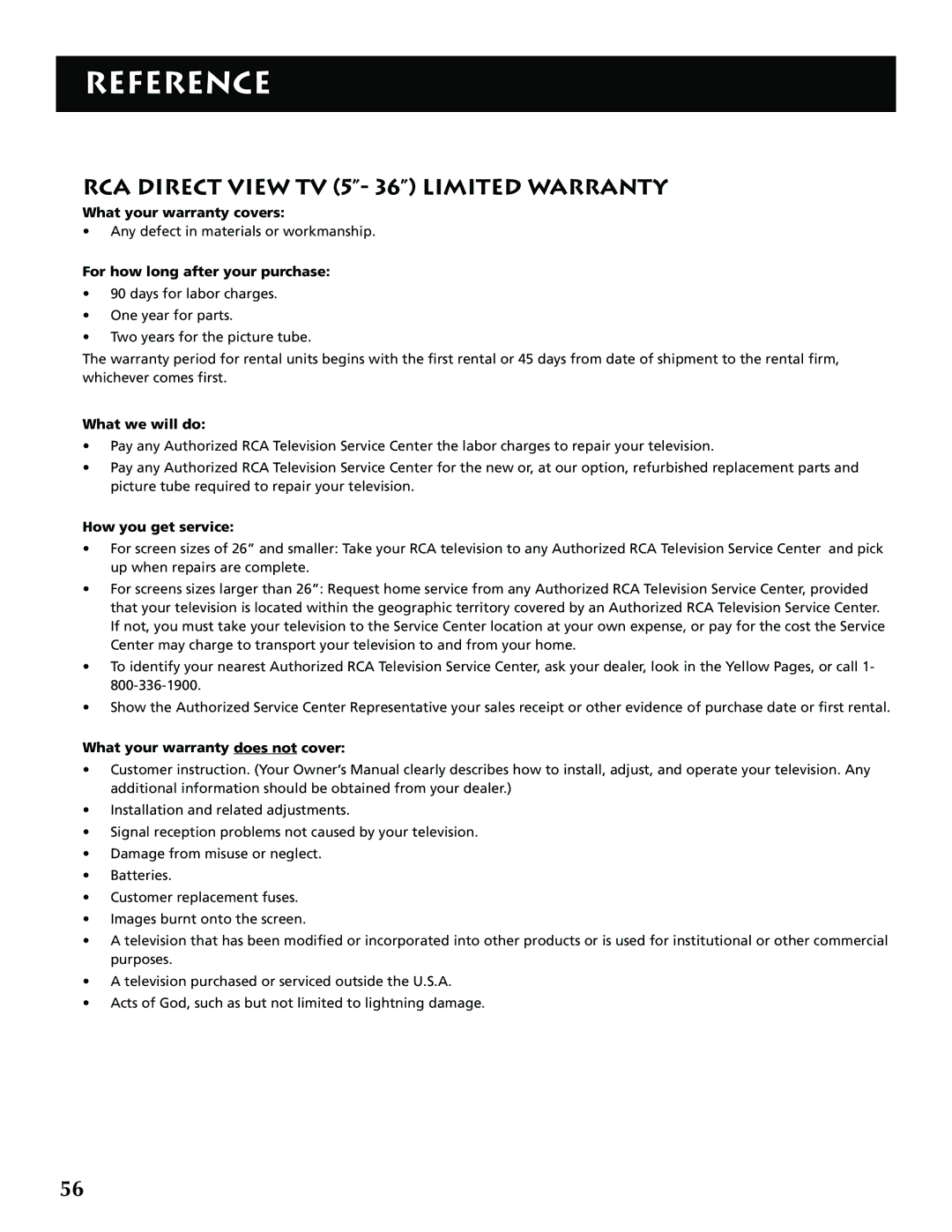 RCA G32705 manual RCA Direct View TV 5- 36 Limited Warranty 