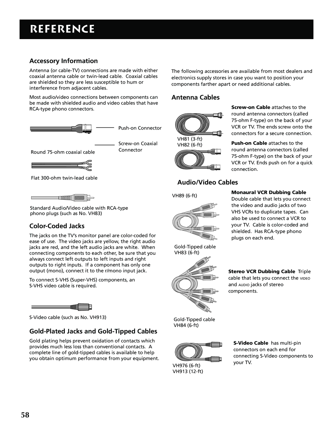 RCA G32705 manual Accessory Information, Antenna Cables, Audio/Video Cables, Color-Coded Jacks 