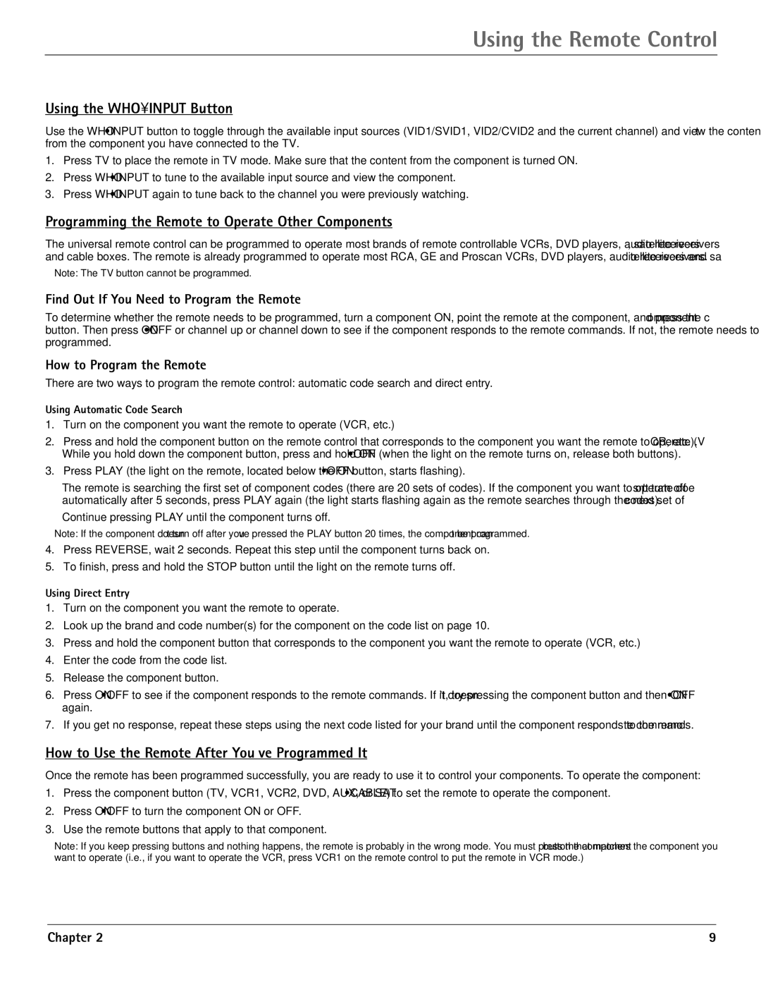 RCA G36710, G32710 Using the Remote Control, Using the Whoinput Button, Programming the Remote to Operate Other Components 