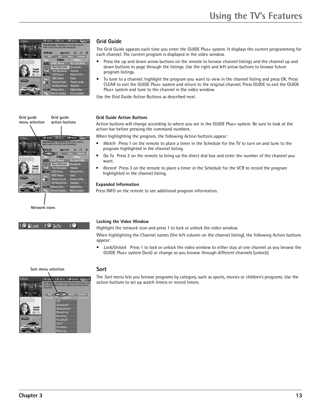 RCA G36710, G32710 manual Using the TV’s Features, Grid Guide, Sort 