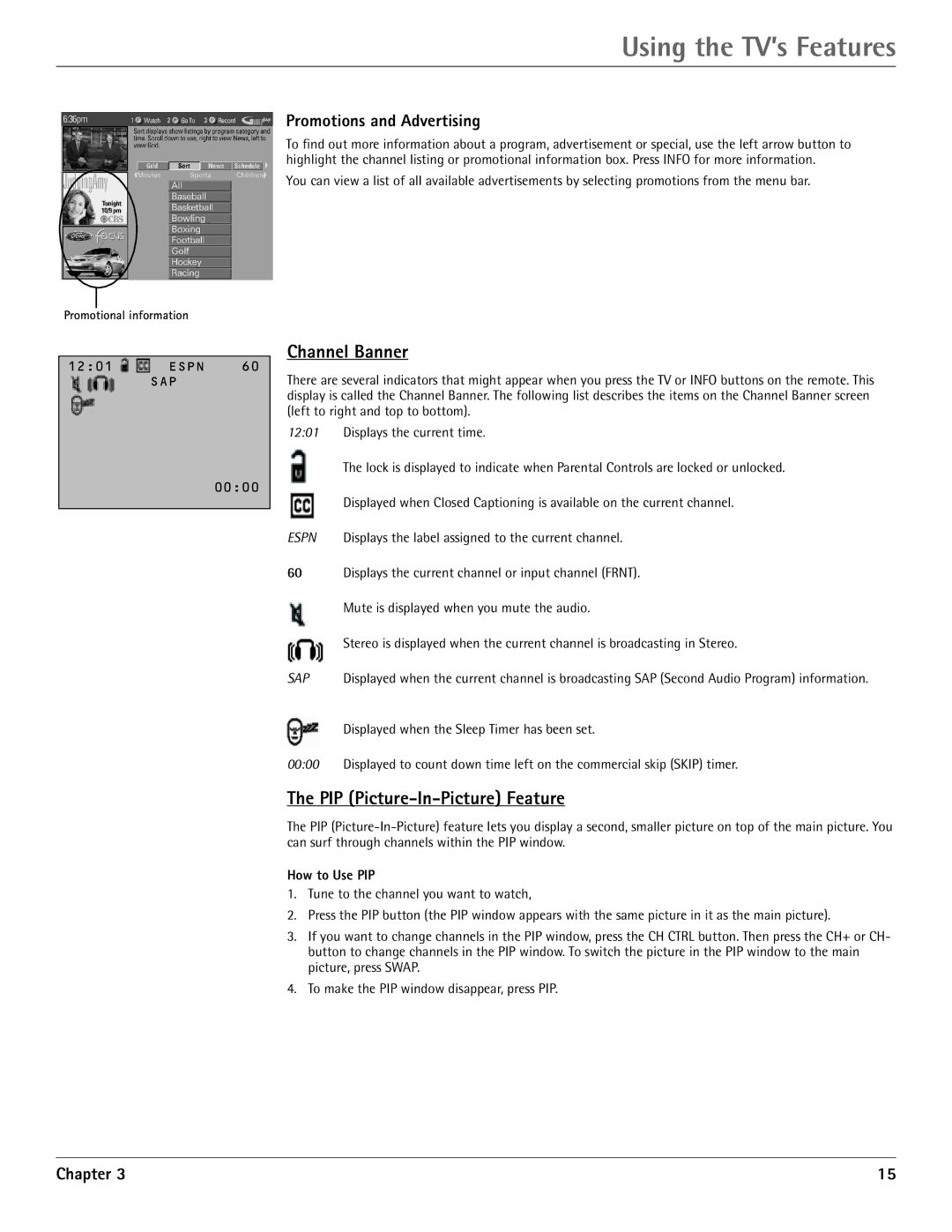 RCA G36710, G32710 manual Channel Banner, PIP Picture-In-Picture Feature, Promotions and Advertising, How to Use PIP 