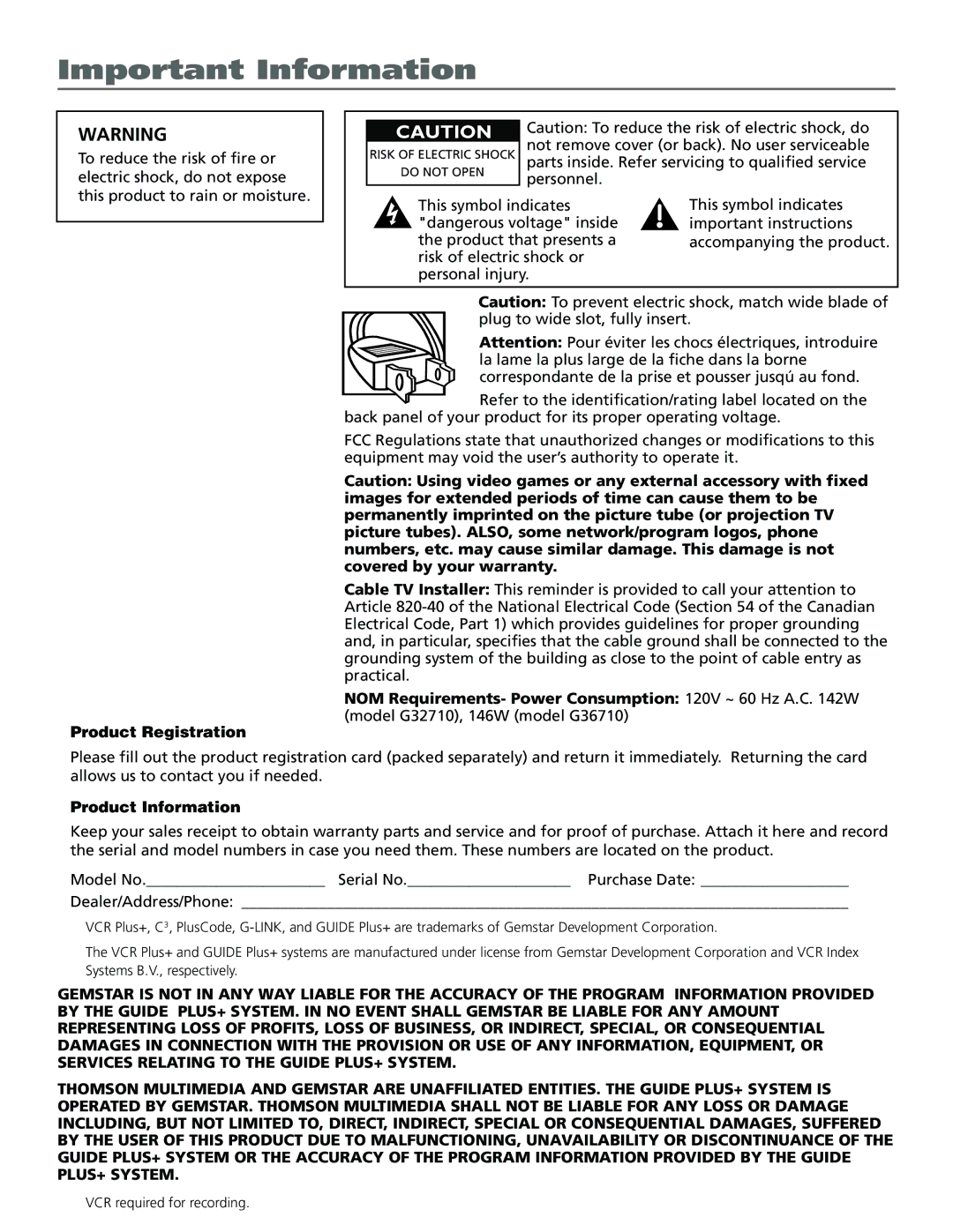 RCA G32710, G36710 manual Important Information, Product Registration 