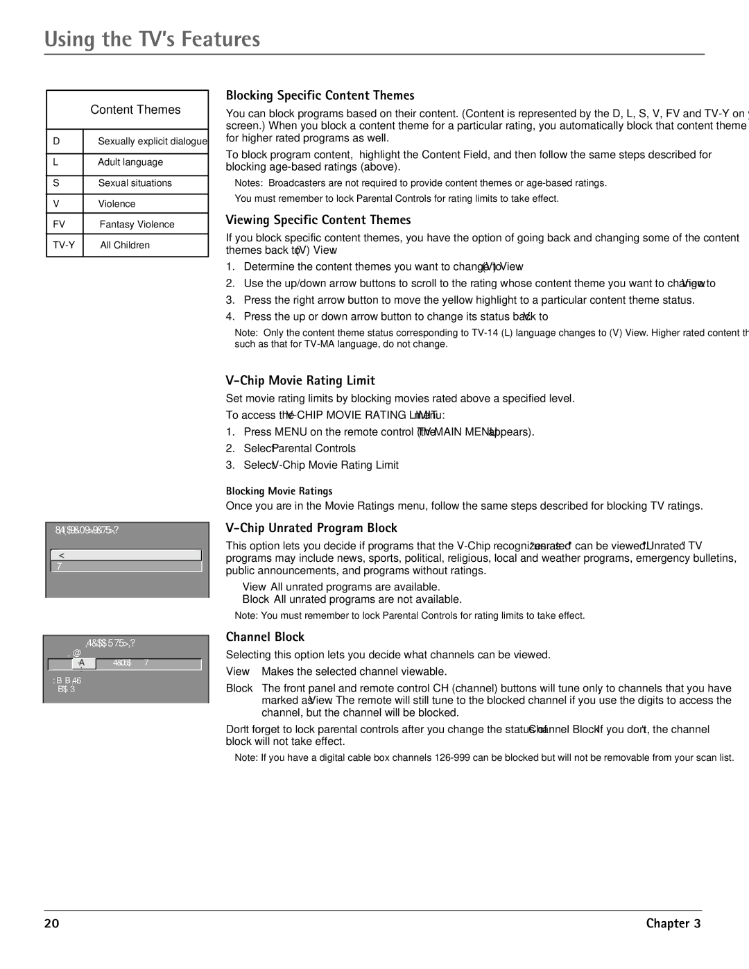 RCA G32710 manual Blocking Specific Content Themes, Viewing Specific Content Themes, Chip Movie Rating Limit, Channel Block 