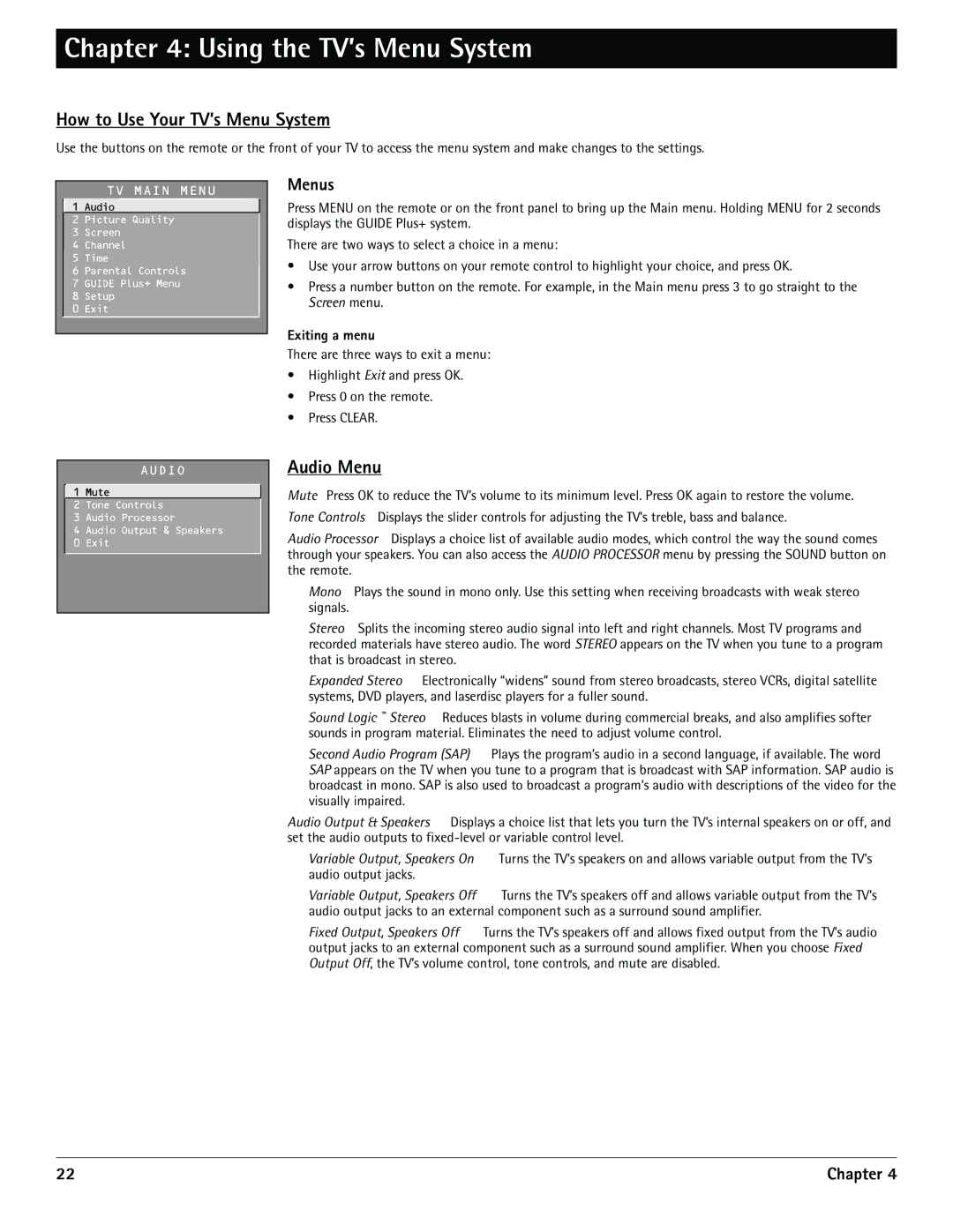 RCA G32710, G36710 manual Using the TV’s Menu System, How to Use Your TV’s Menu System, Audio Menu, Menus, Exiting a menu 