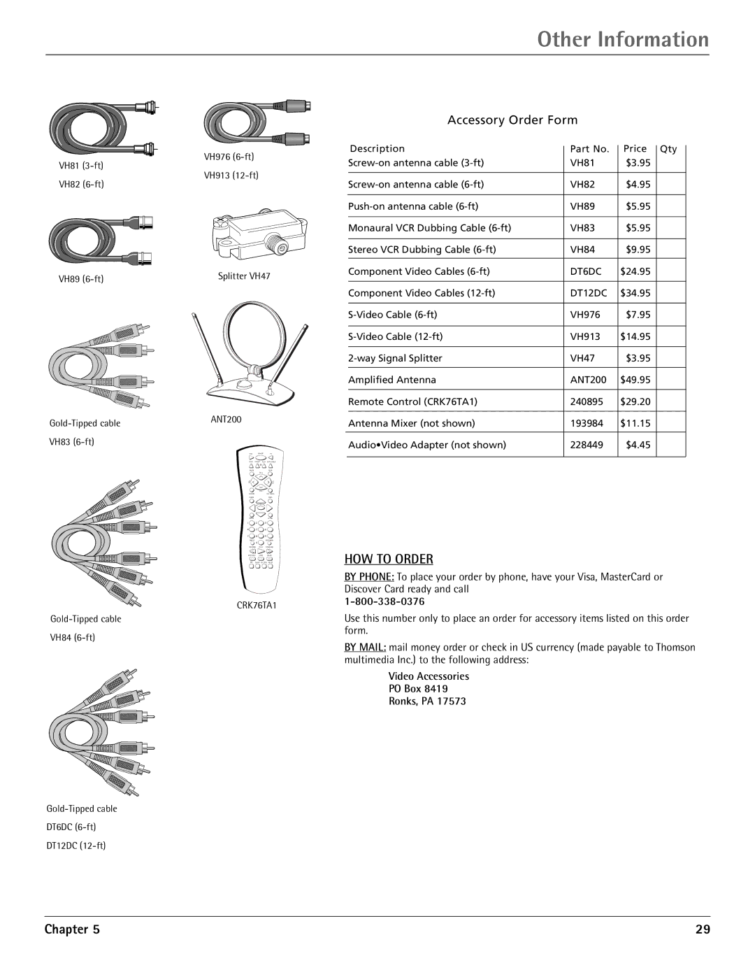 RCA G36710, G32710 manual Video Accessories PO Box Ronks, PA, VH81 3-ft VH82 6-ft VH89 6-ft 