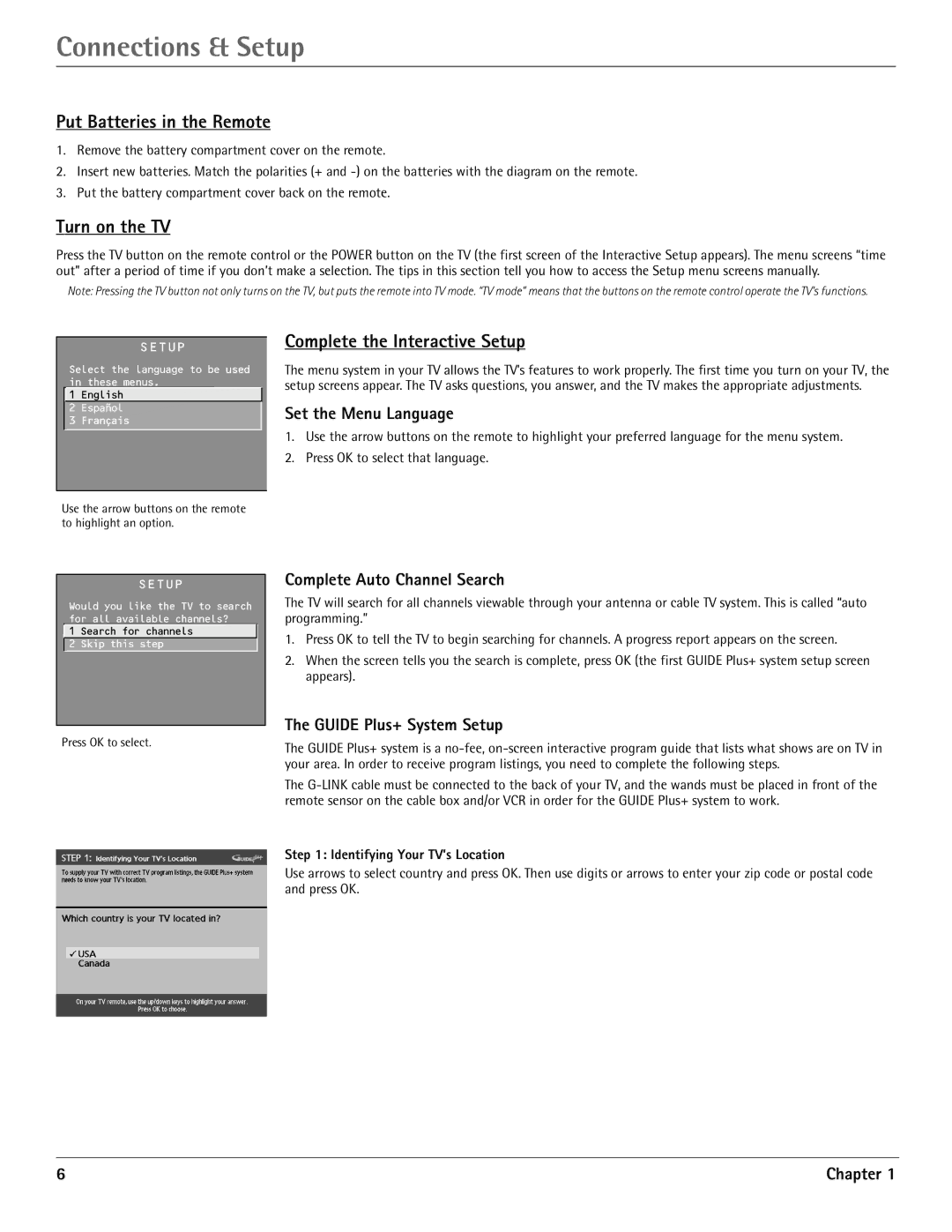 RCA G32710, G36710 manual Put Batteries in the Remote, Turn on the TV, Complete the Interactive Setup 