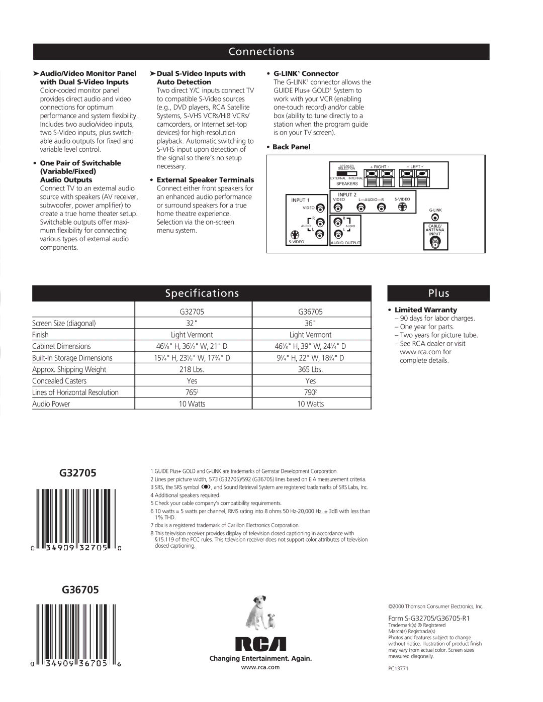 RCA G36705 manual Connections, Specifications, Plus 