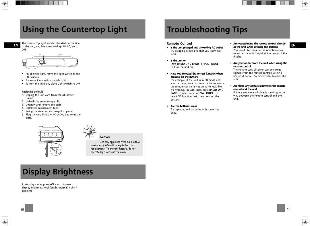 RCA GES050 user manual Using the Countertop Light Troubleshooting Tips, Display Brightness, Replacing the Bulb 