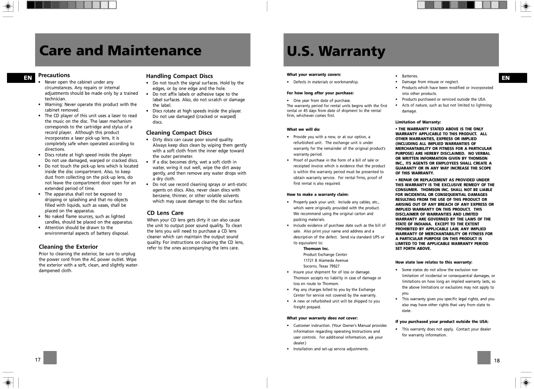 RCA GES050 user manual Care and Maintenance Warranty 