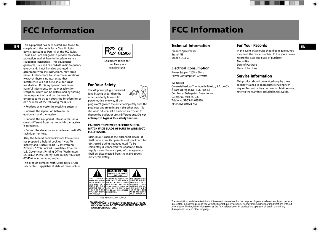 RCA GES050 user manual FCC Information 