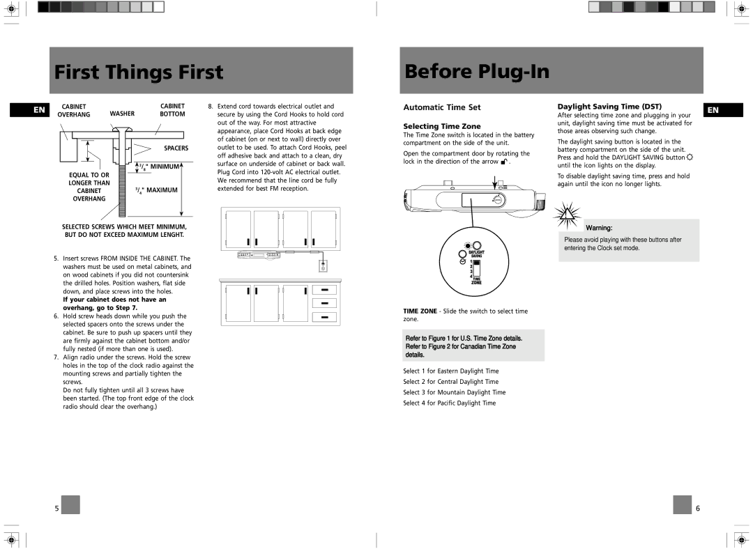 RCA GES050 user manual First Things First Before Plug-In, Automatic Time Set, Selecting Time Zone, Daylight Saving Time DST 