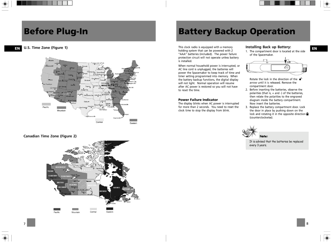 RCA GES050 user manual Before Plug-In Battery Backup Operation, EN U.S. Time Zone Figure, Installing Back up Battery 