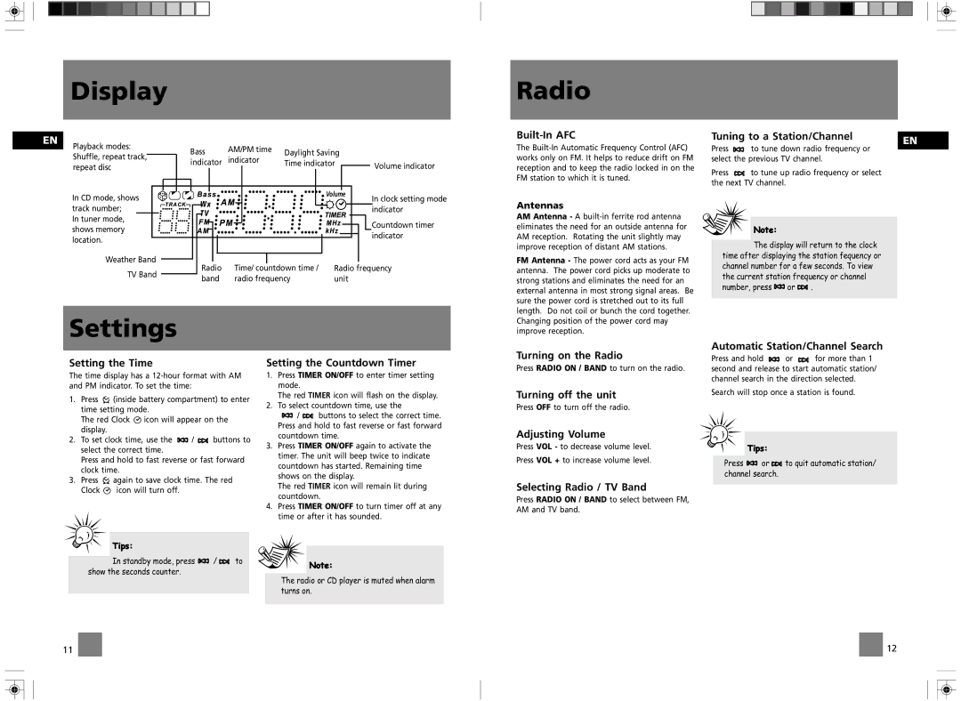 RCA GES050 user manual Display, Radio, Settings 