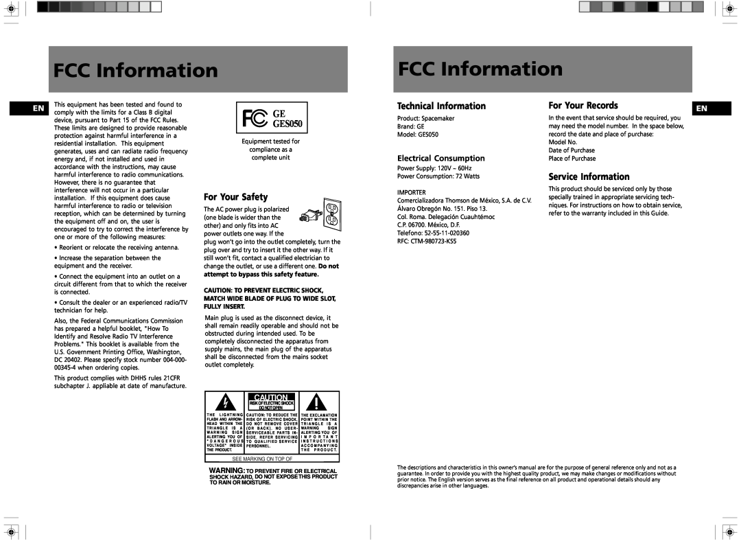 RCA FCC Information, For Your Safety, Technical Information, Electrical Consumption, For Your Records, GE GES050 