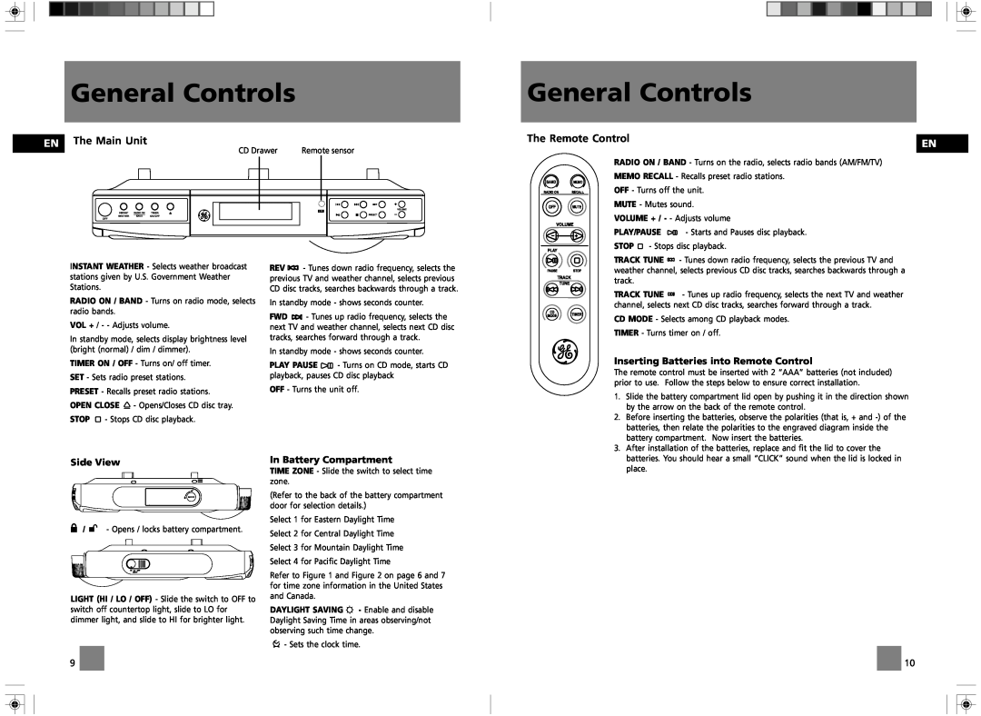 RCA GES050 General Controls, EN The Main Unit, The Remote Control, Inserting Batteries into Remote Control, Side View 