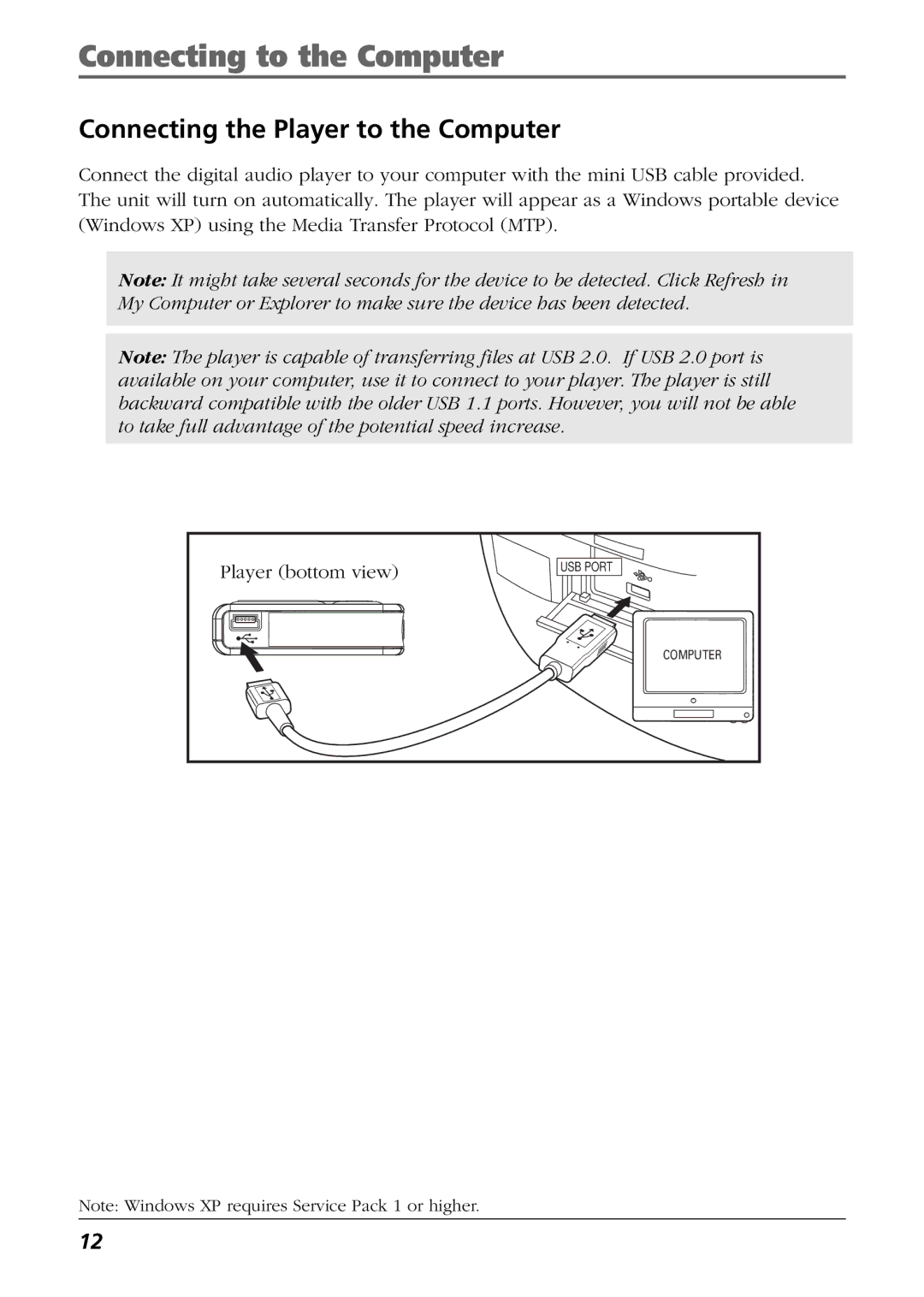 RCA H115/H125 manual Connecting to the Computer, Connecting the Player to the Computer 