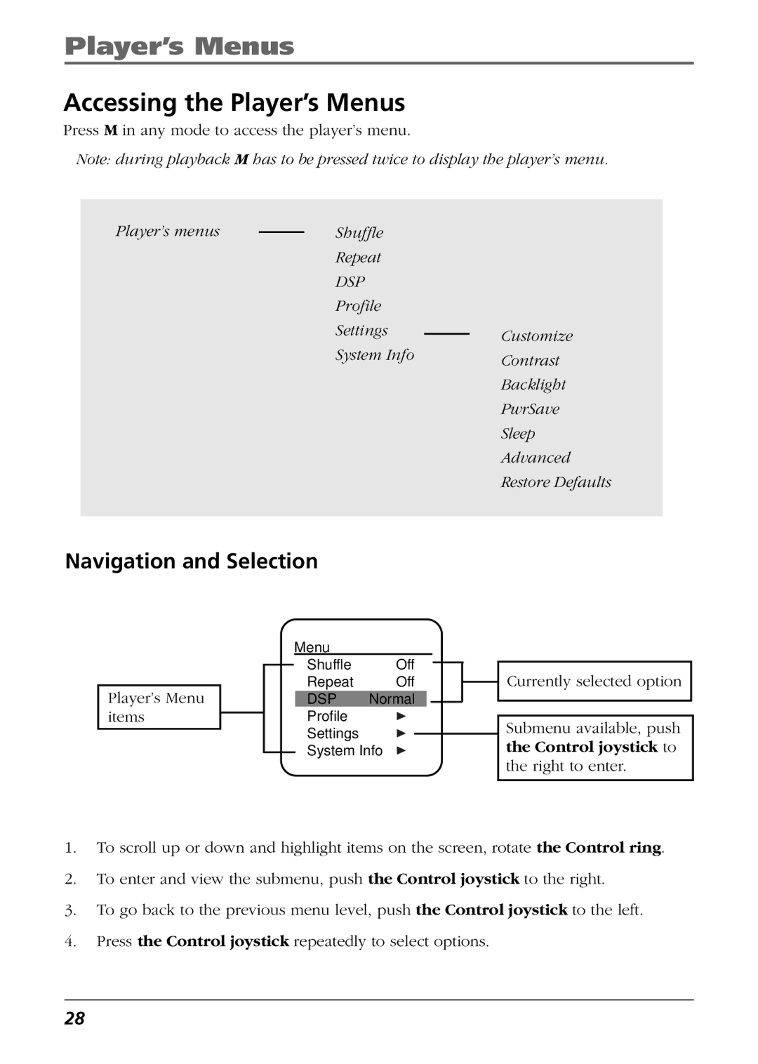 RCA H115/H125 manual Accessing the Player’s Menus, Navigation and Selection 